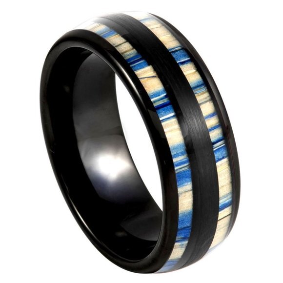 8 mm tungsten Ring black IP and dyed bamboo inlay in blue